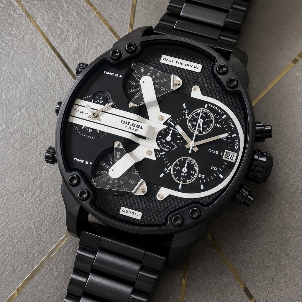 Diesel DZ7313 multi-time-zone dial and control detail