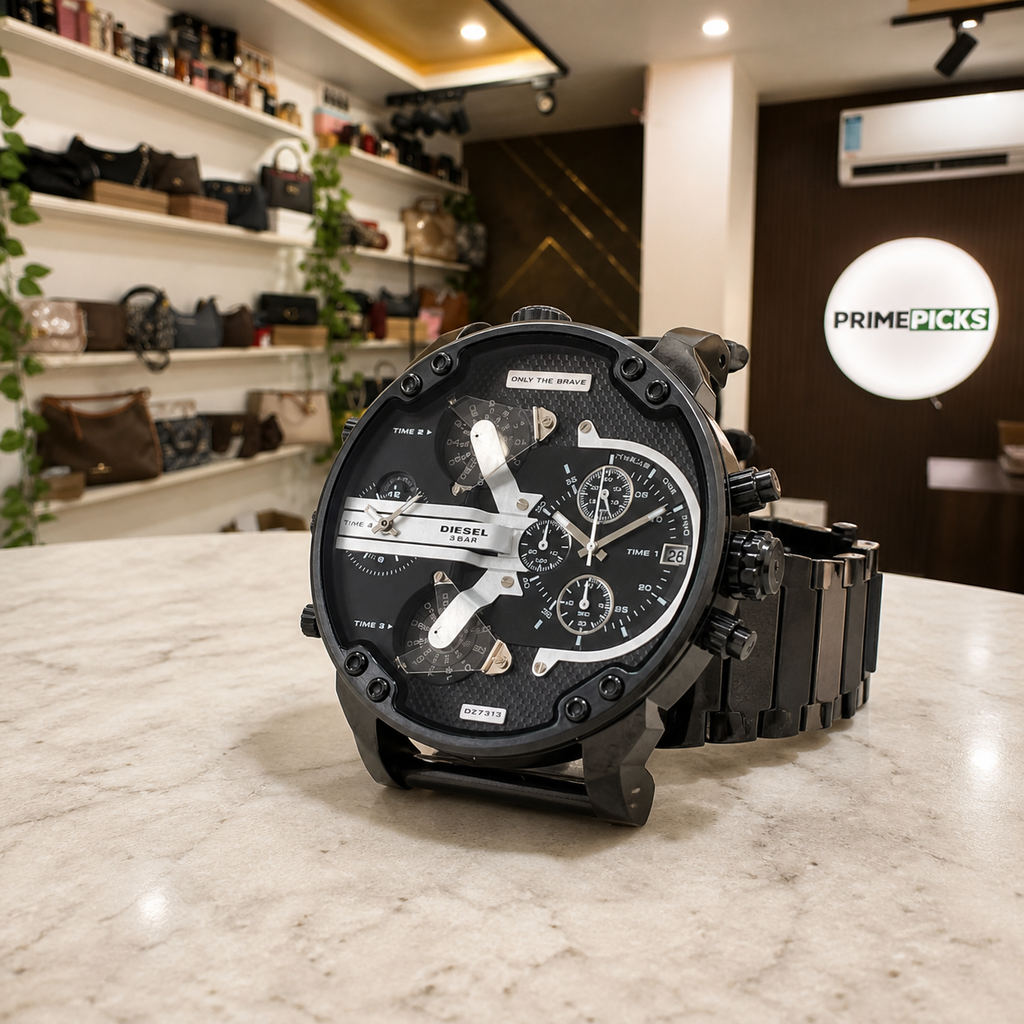 Diesel Mr. Daddy 2.0 black case controls and bracelet detail