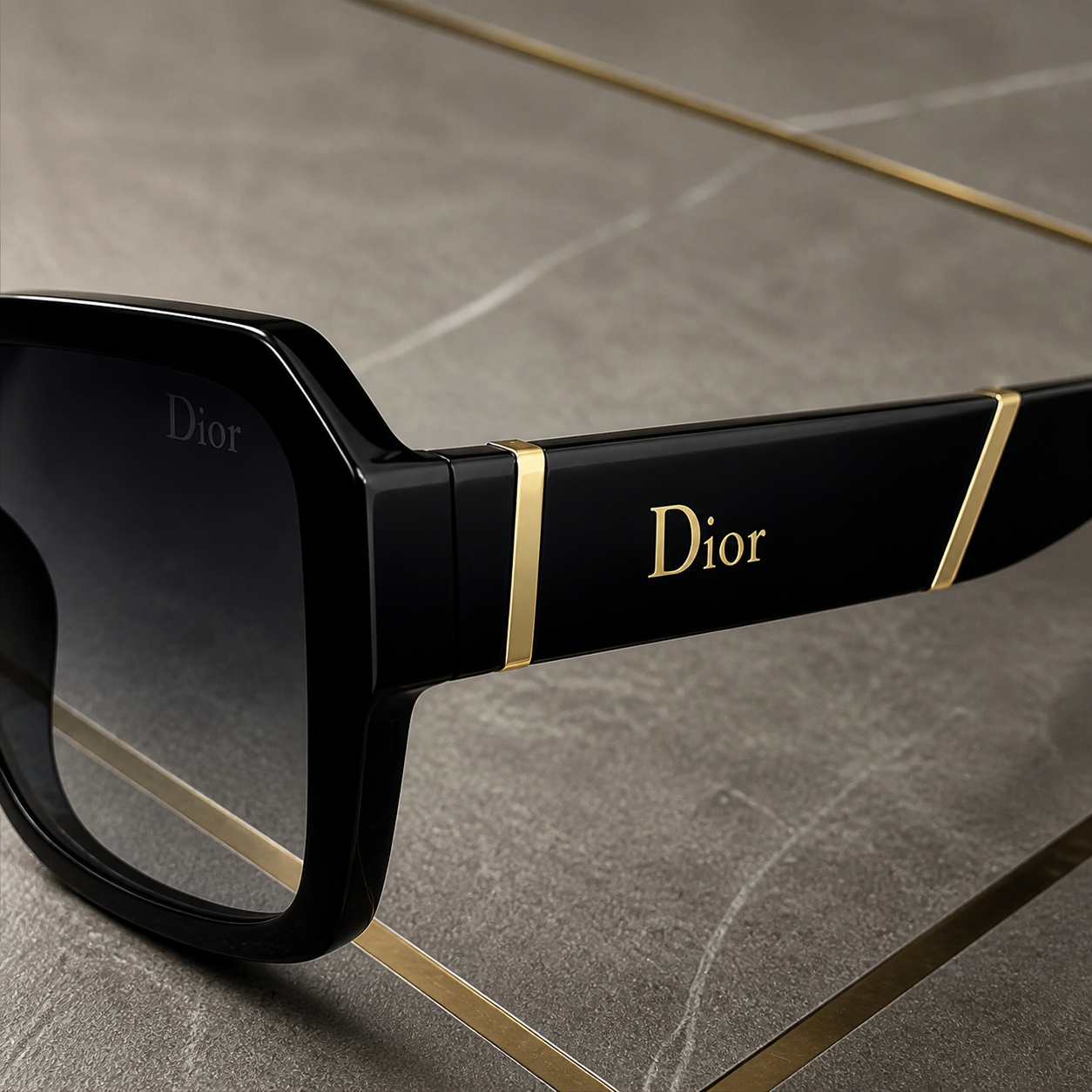 Dior black sunglasses gold band and wordmark temple detail