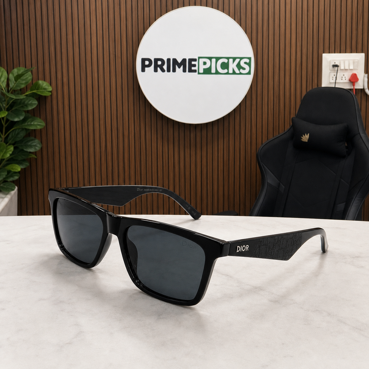 Dior black rectangular unisex sunglasses hero view in PrimePicks office