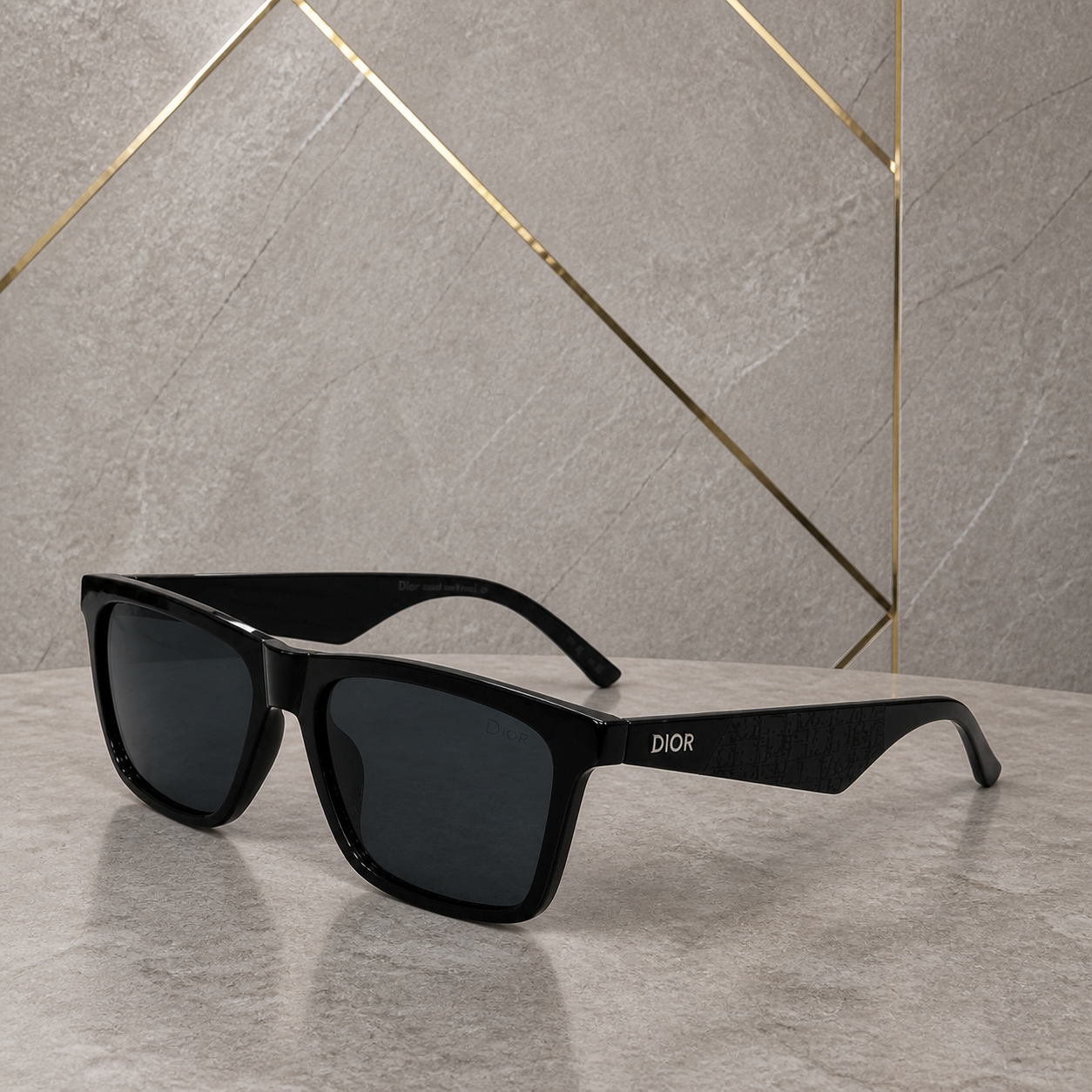 Dior black rectangular sunglasses alternate angle against grey office wall