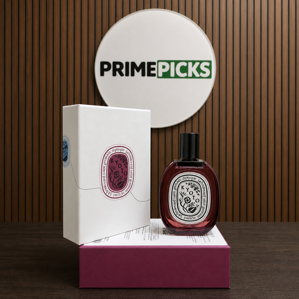 Diptyque Kyoto perfume with presentation packaging at PrimePicks sign wall