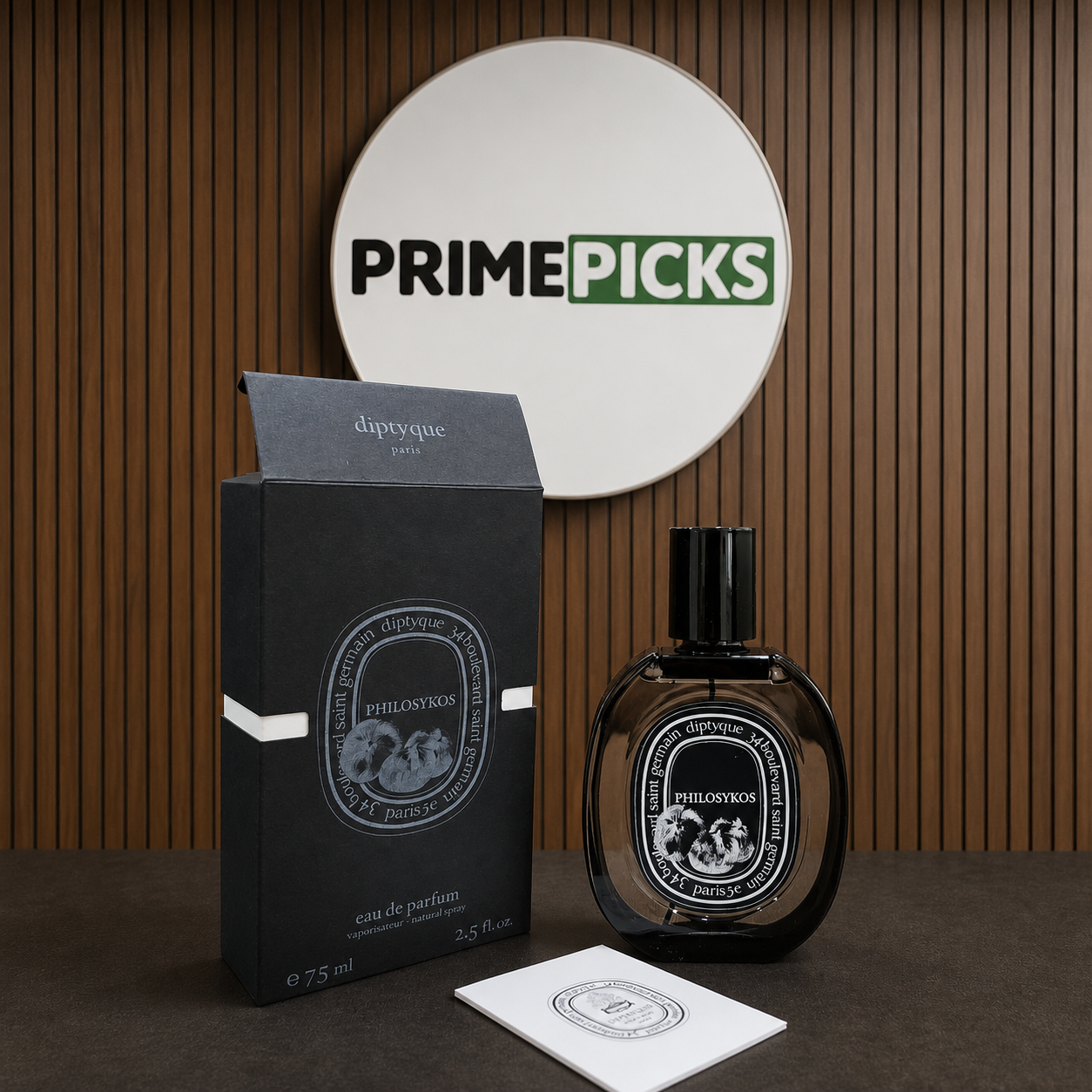 Diptyque Philosykos Eau de Parfum 75ml with box and booklet at PrimePicks sign wall