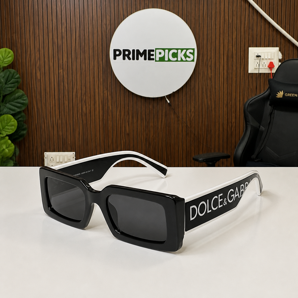 Dolce & Gabbana black rectangular sunglasses hero view in PrimePicks office