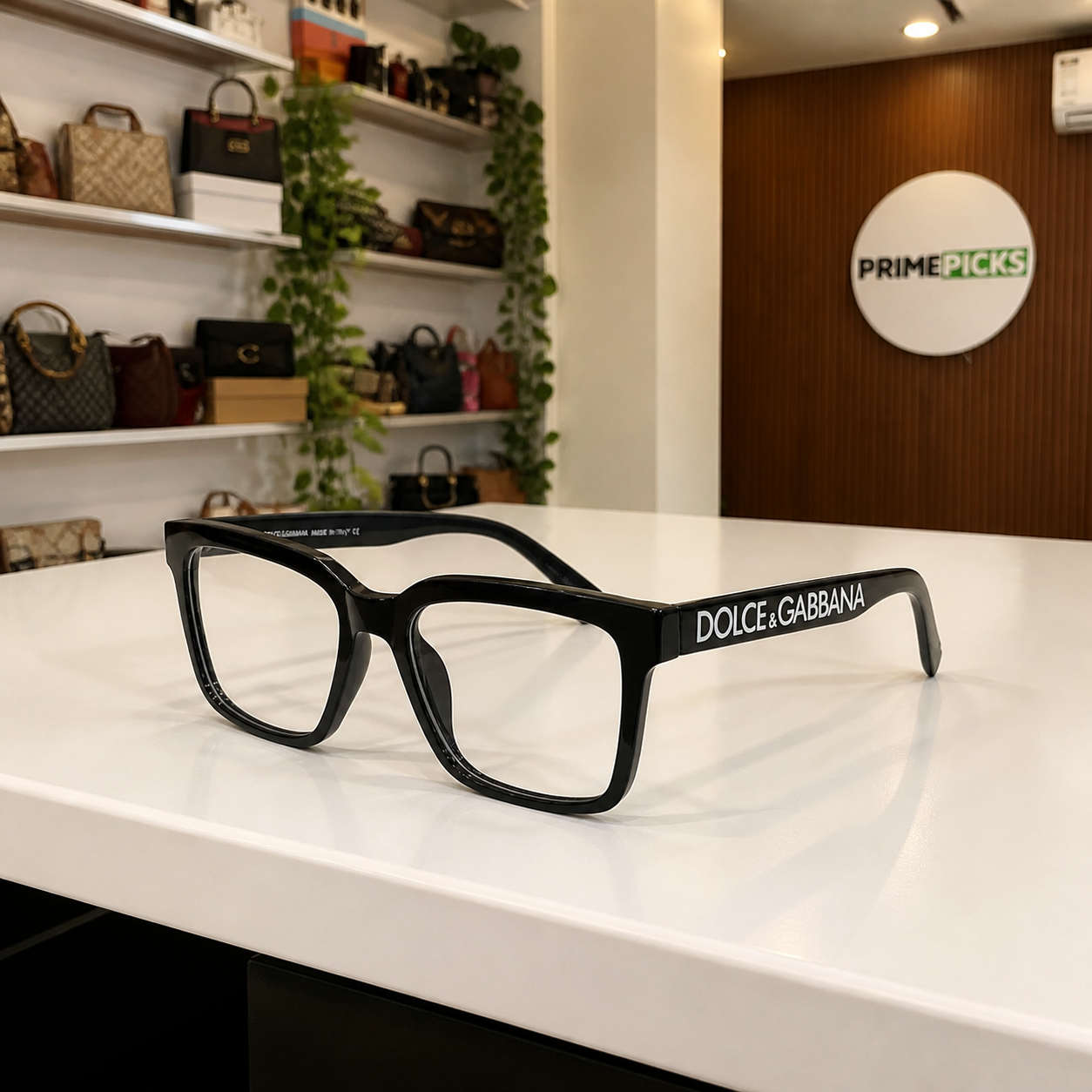 Dolce & Gabbana black clear-lens frame product-only PrimePicks office lifestyle