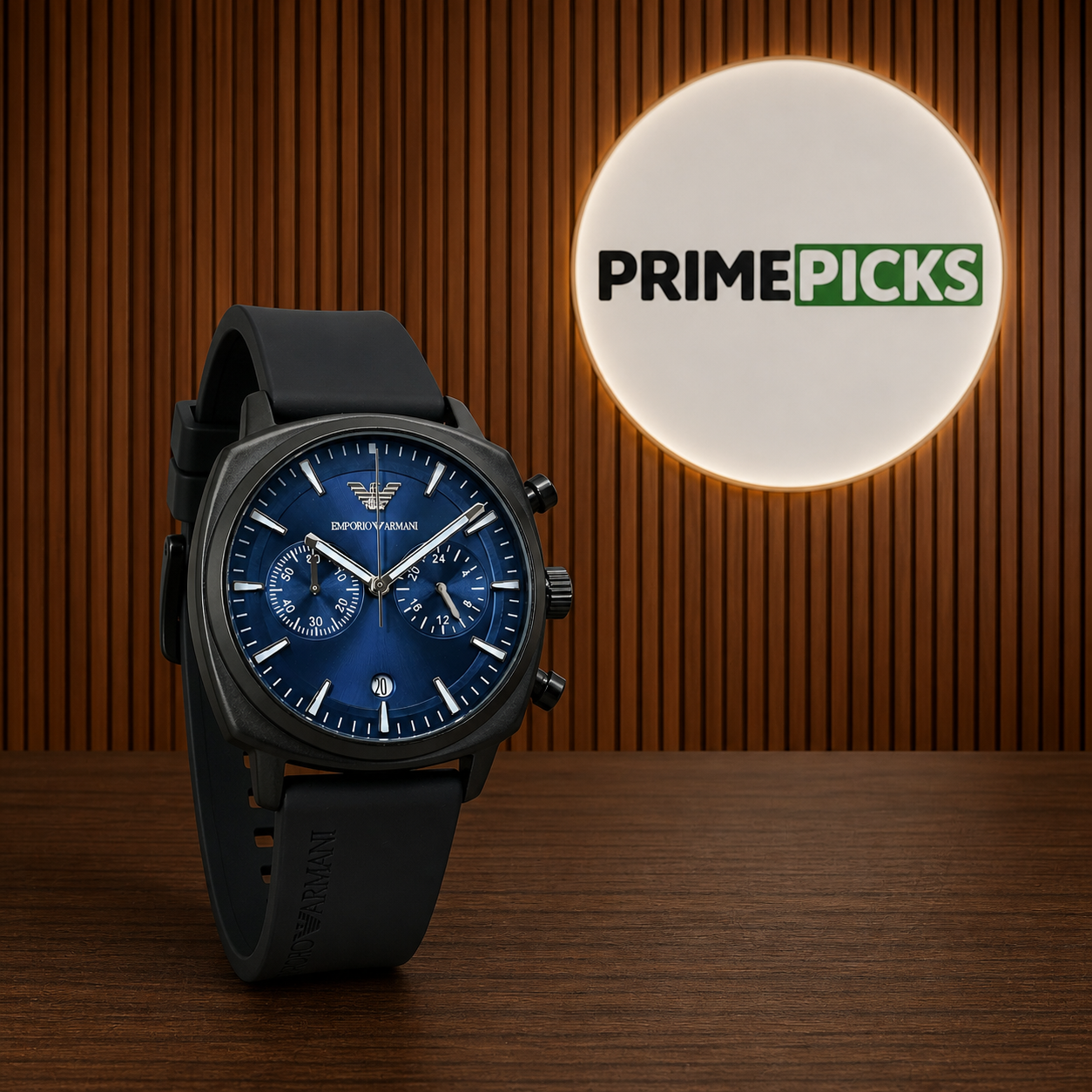 Emporio Armani blue chronograph watch with PRIMEPICKS office logo