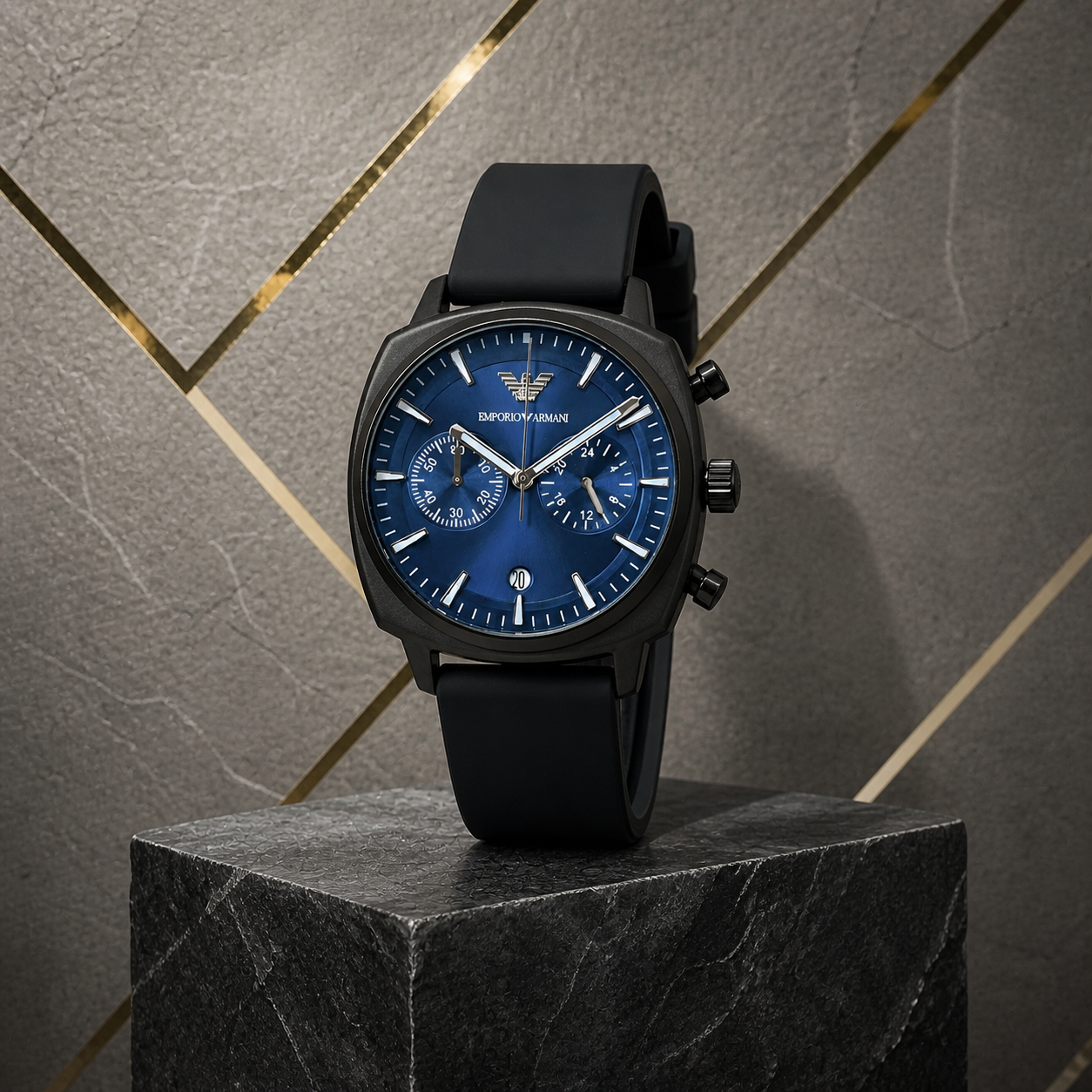 Emporio Armani blue-dial chronograph on grey office display