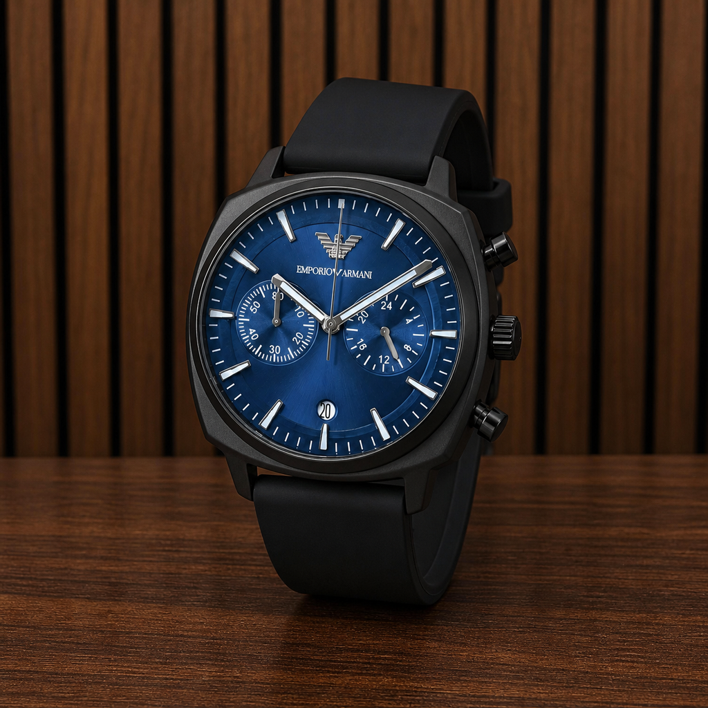 Emporio Armani blue multifunction dial close-up