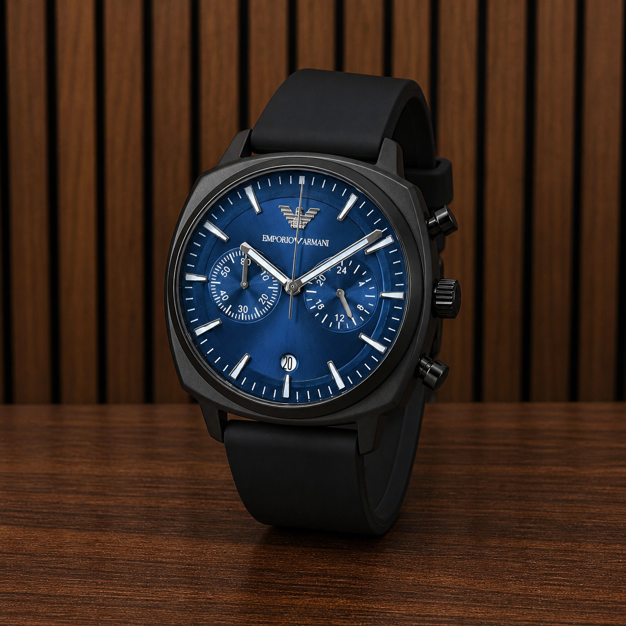 Emporio Armani blue multifunction dial close-up