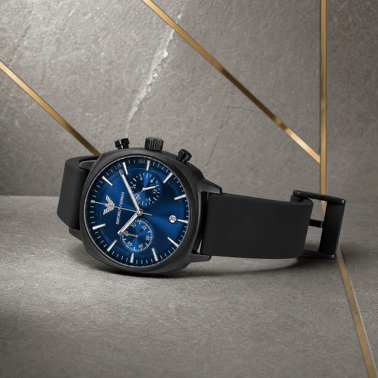 Emporio Armani black case controls and silicone strap detail