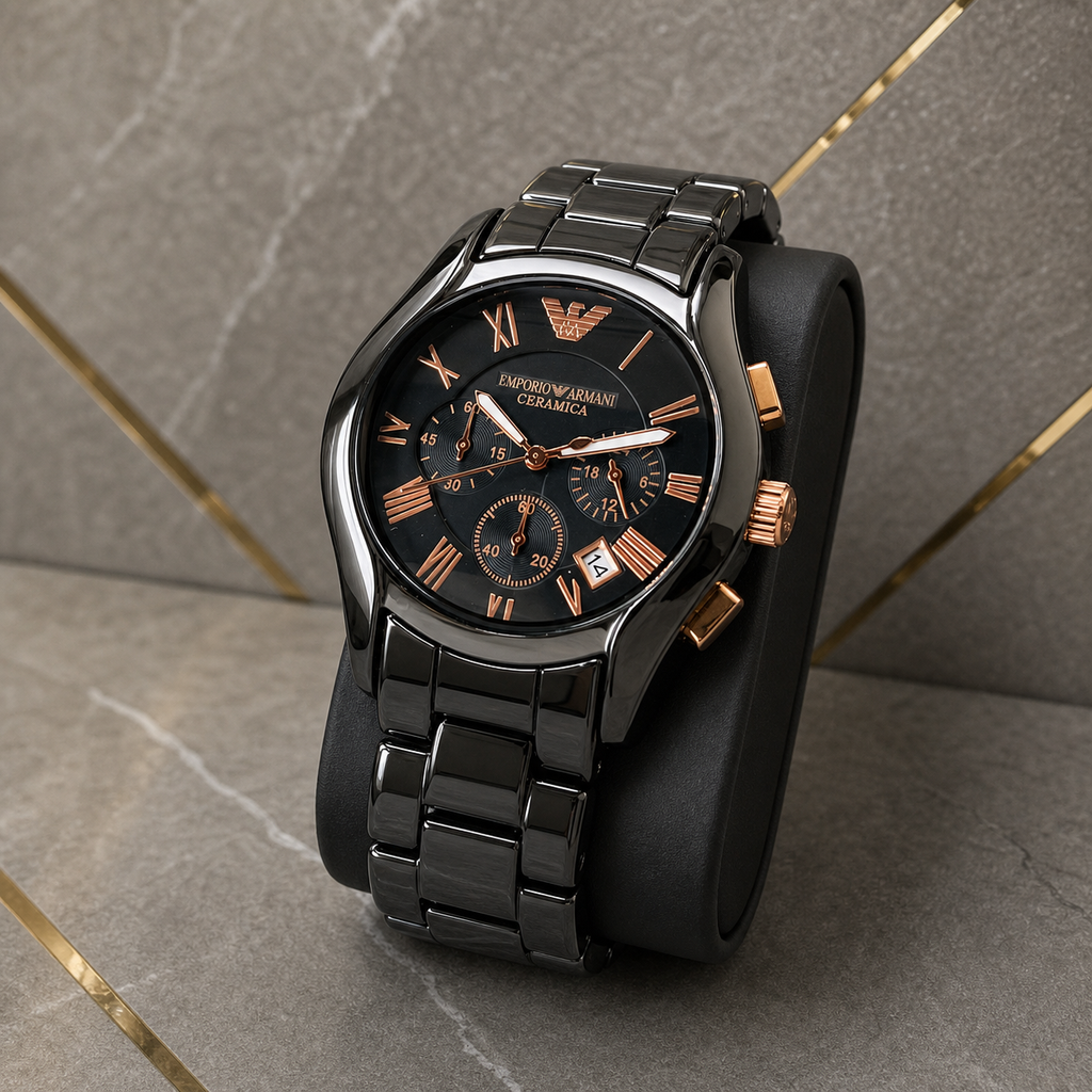 Close-up of Emporio Armani AR1410 black chronograph watch with rose-gold-tone accents in the Primepicks office