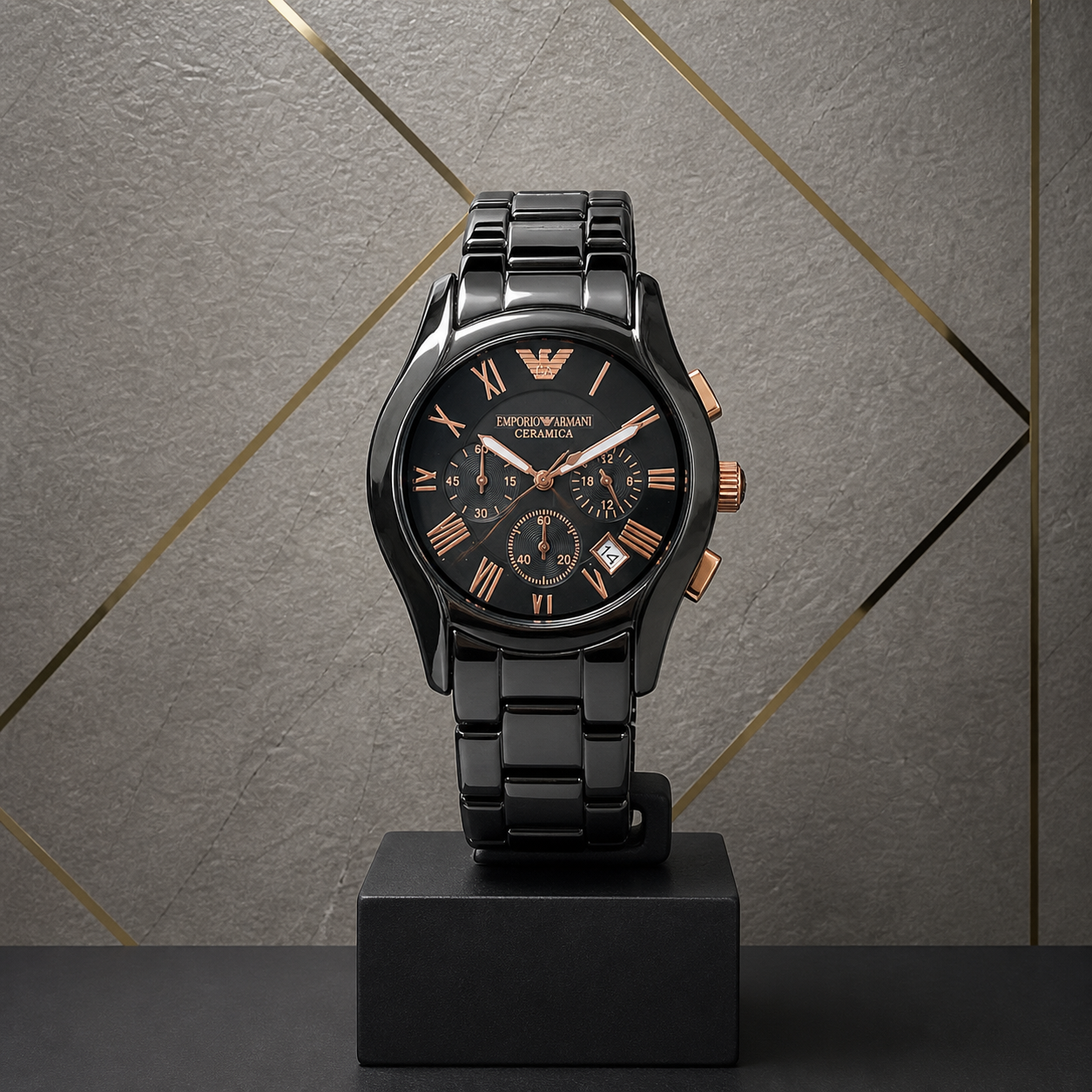 Emporio Armani AR1410 black ceramic-style men’s watch against the grey and gold Primepicks office wall