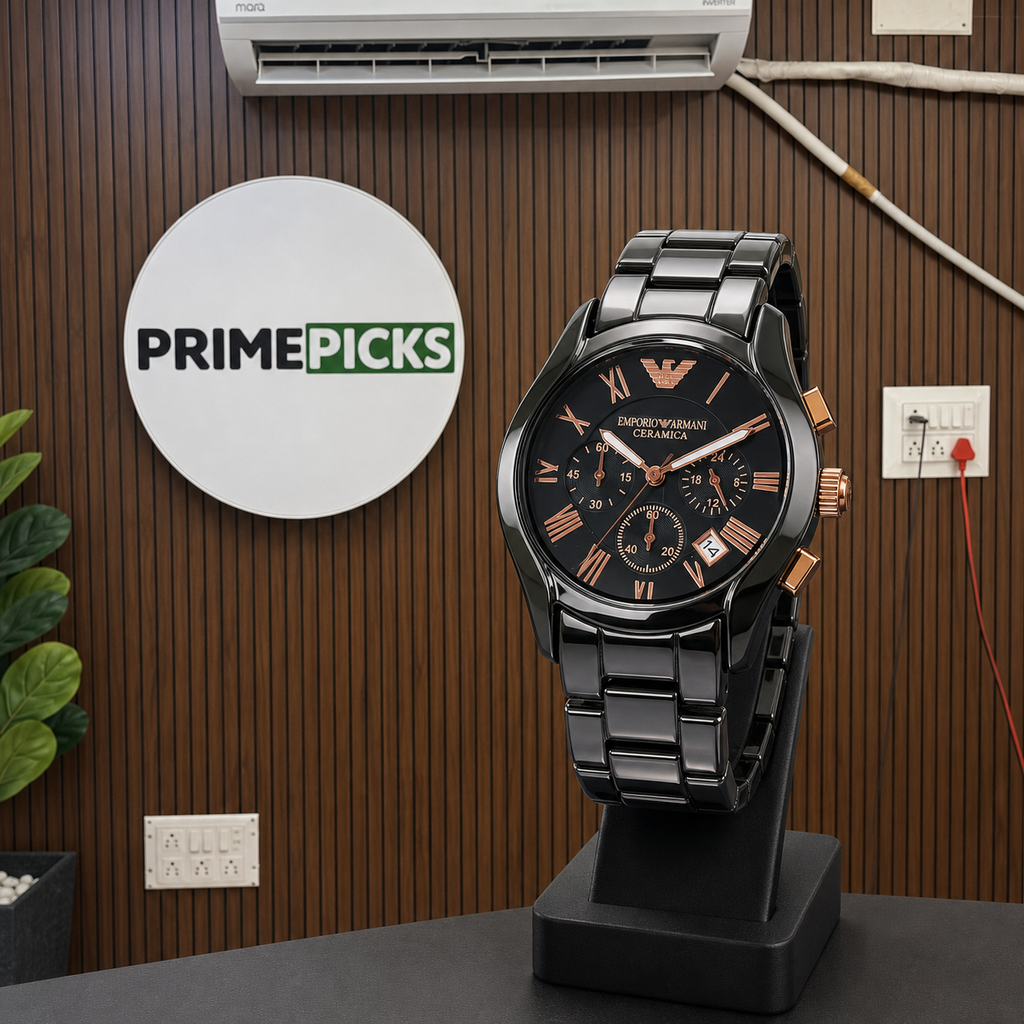 Emporio Armani AR1410 black ceramic chronograph watch beside the complete PRIMEPICKS logo board