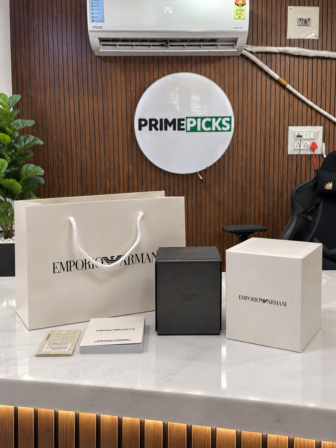Optional Emporio Armani OG box package photographed at the PrimePicks office