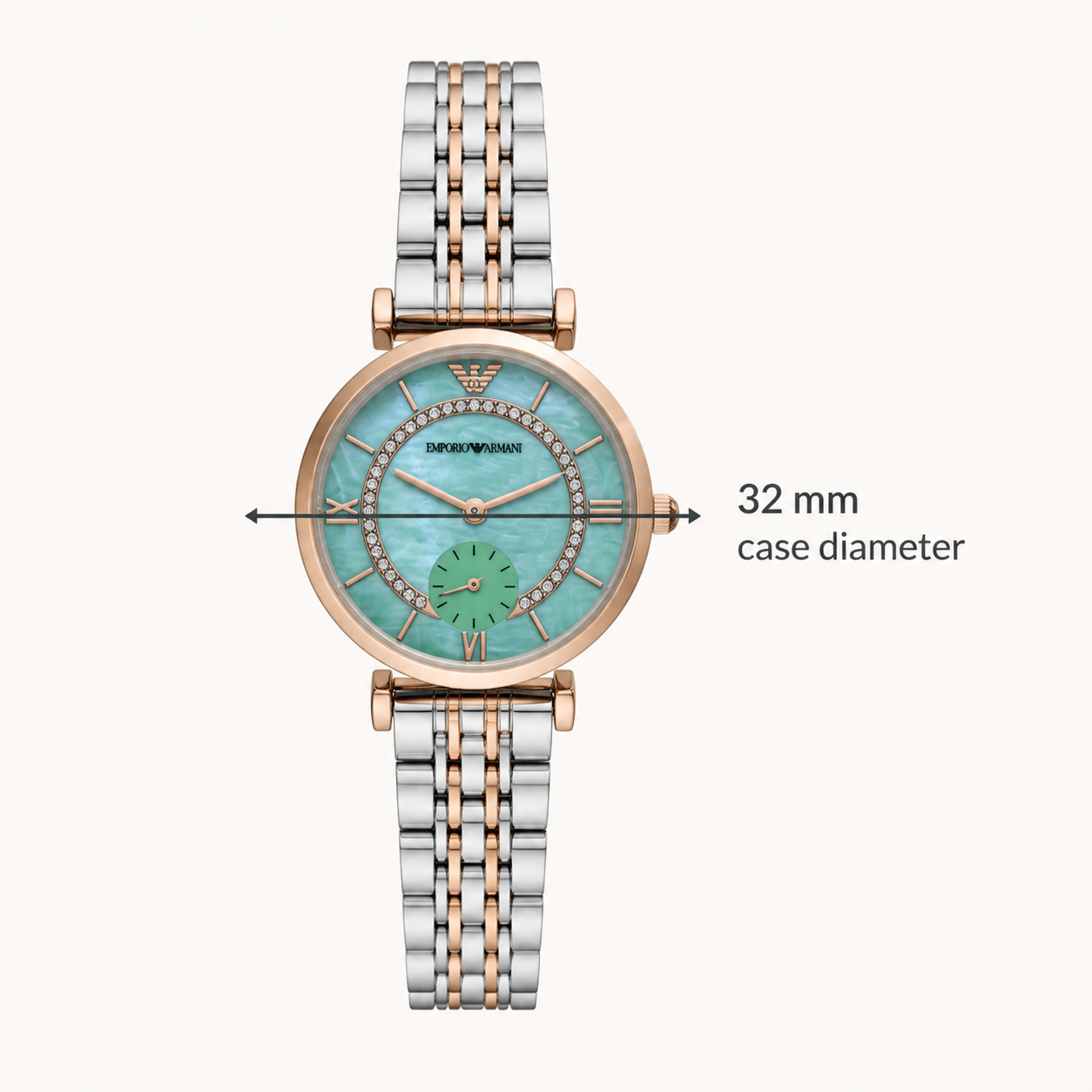 Emporio Armani ladies watch with 32 mm case size callout