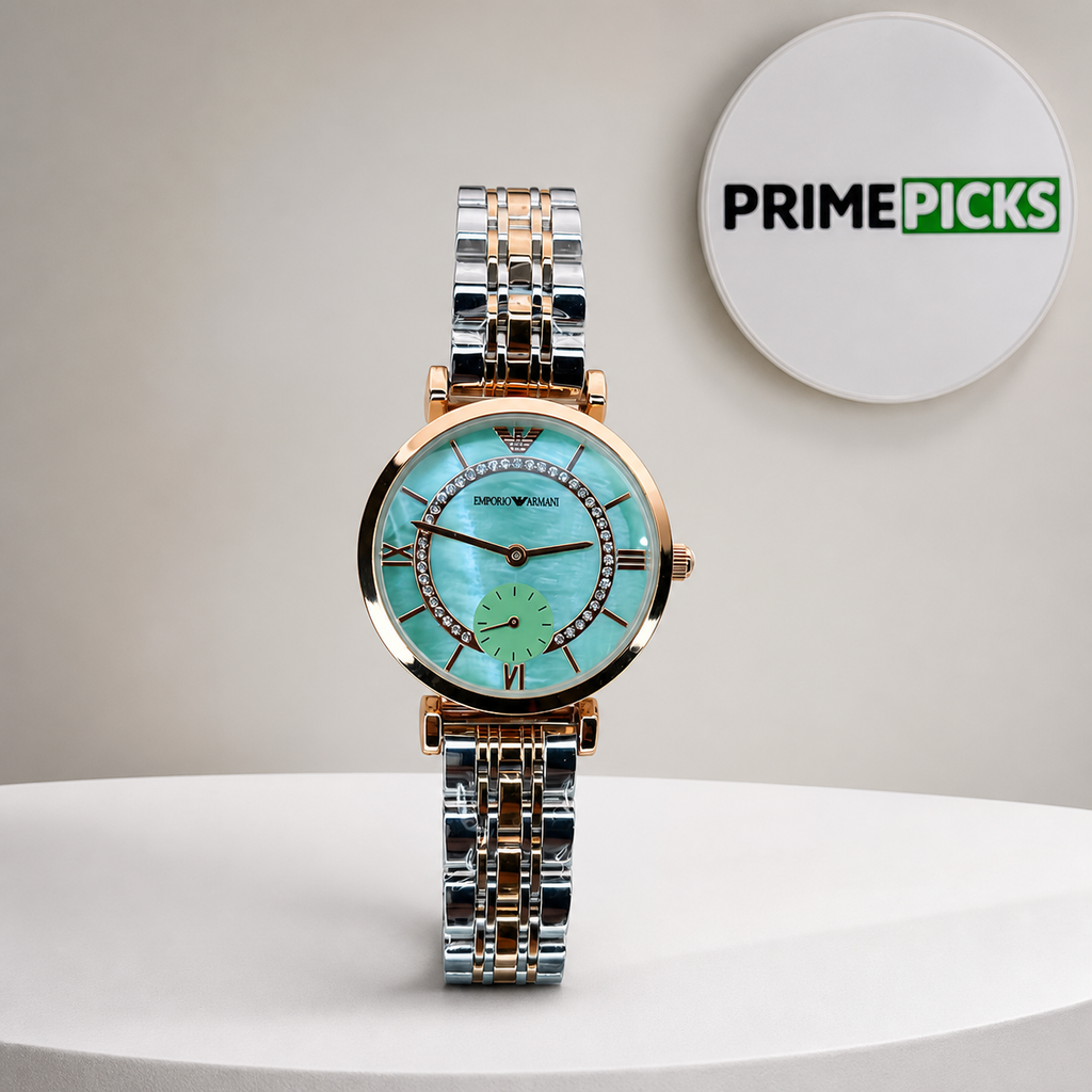 Emporio Armani ladies two-tone watch beside the round PrimePicks logo board