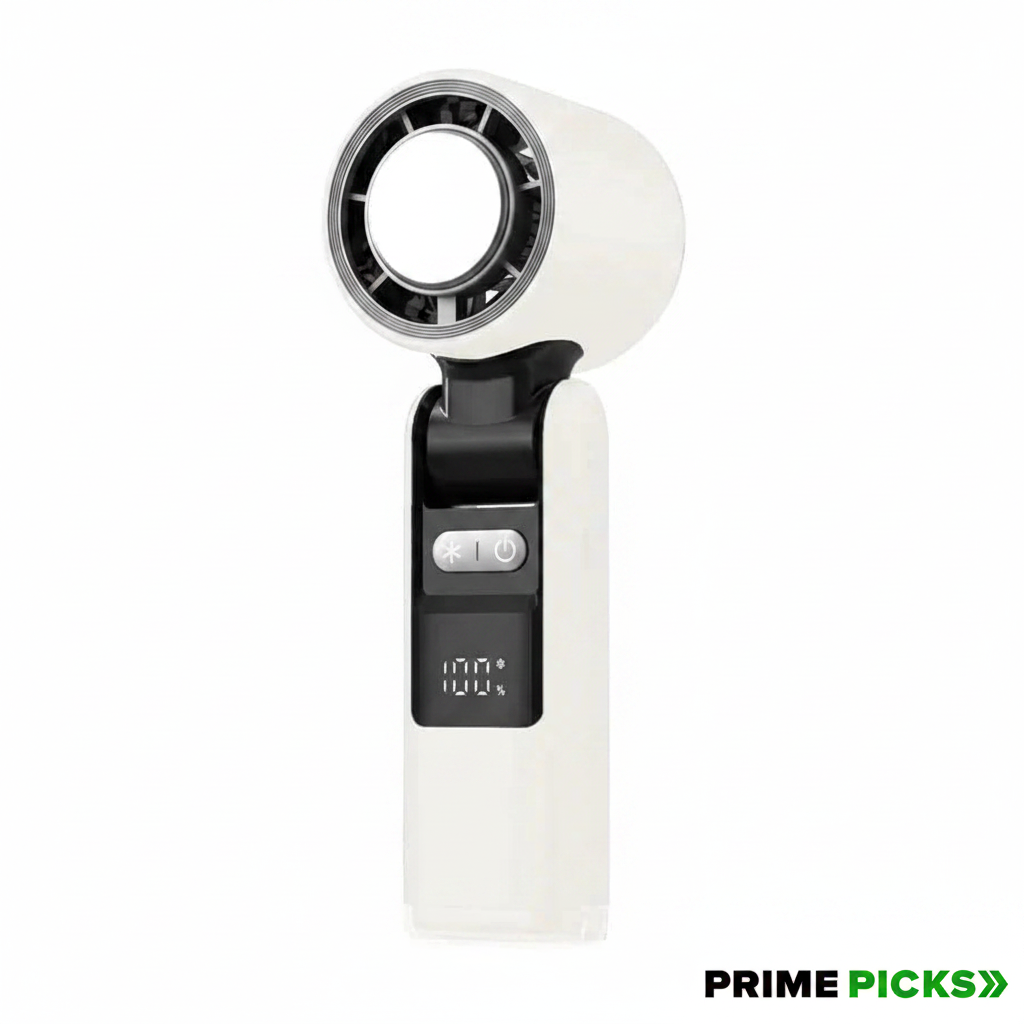 Primepicks K-801 Mini Portable Hand Fan – 4000mAh Rechargeable, 6-Speed Mode, 180° Foldable Handheld Table & Neck Fan, Long-Lasting Battery for Cooking,Travel, Makeup, Office & Home, Outside Use- (white)