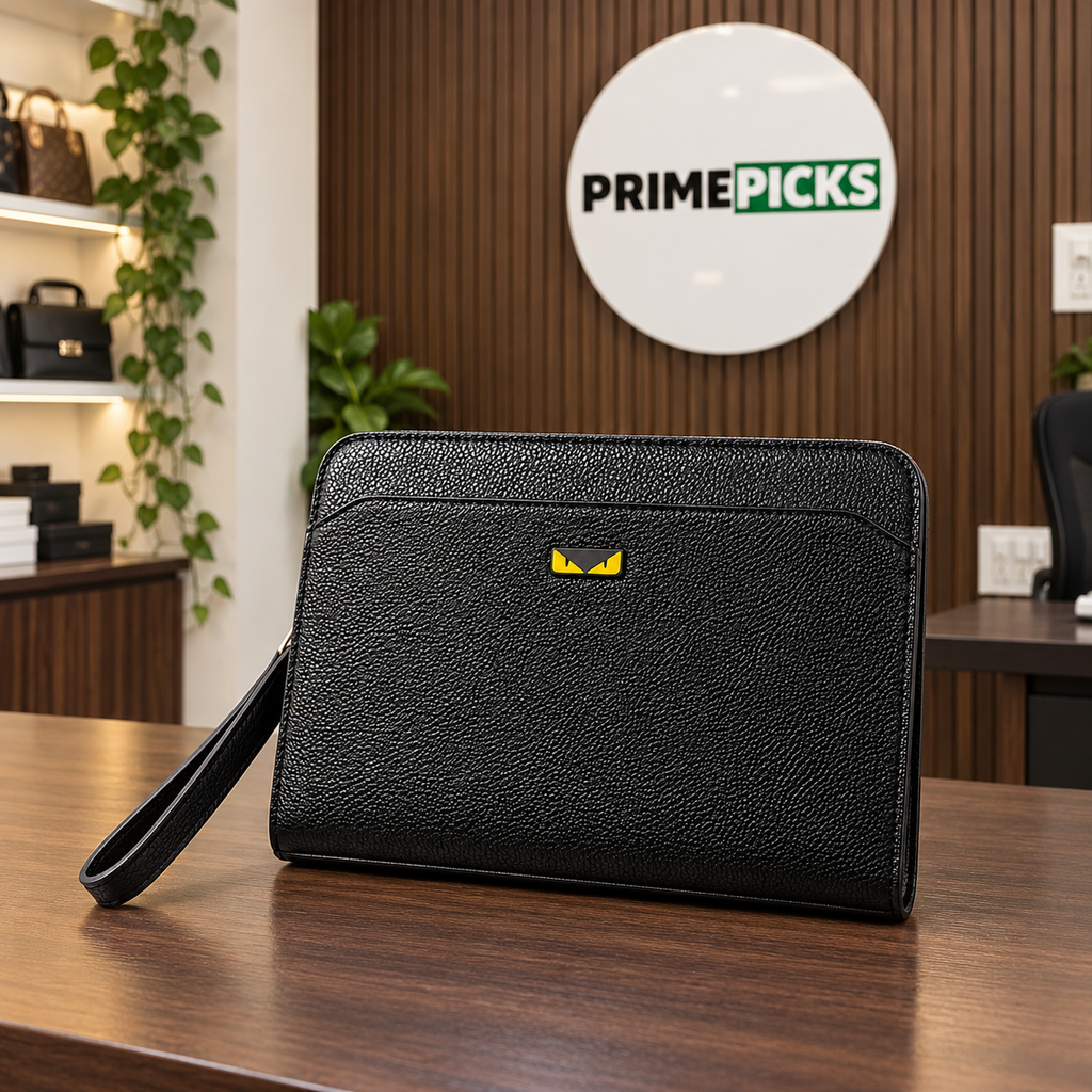 Fendi men’s black password-lock zip pouch at the PrimePicks office