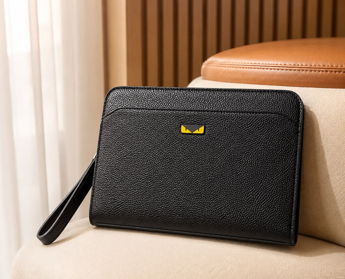 Fendi men’s black textured zip pouch with wrist strap