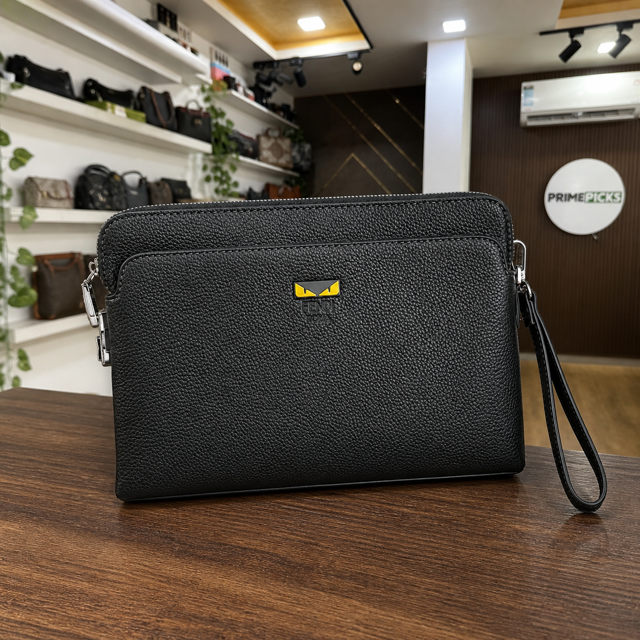Fendi Monster Eyes black wristlet pouch lifestyle view