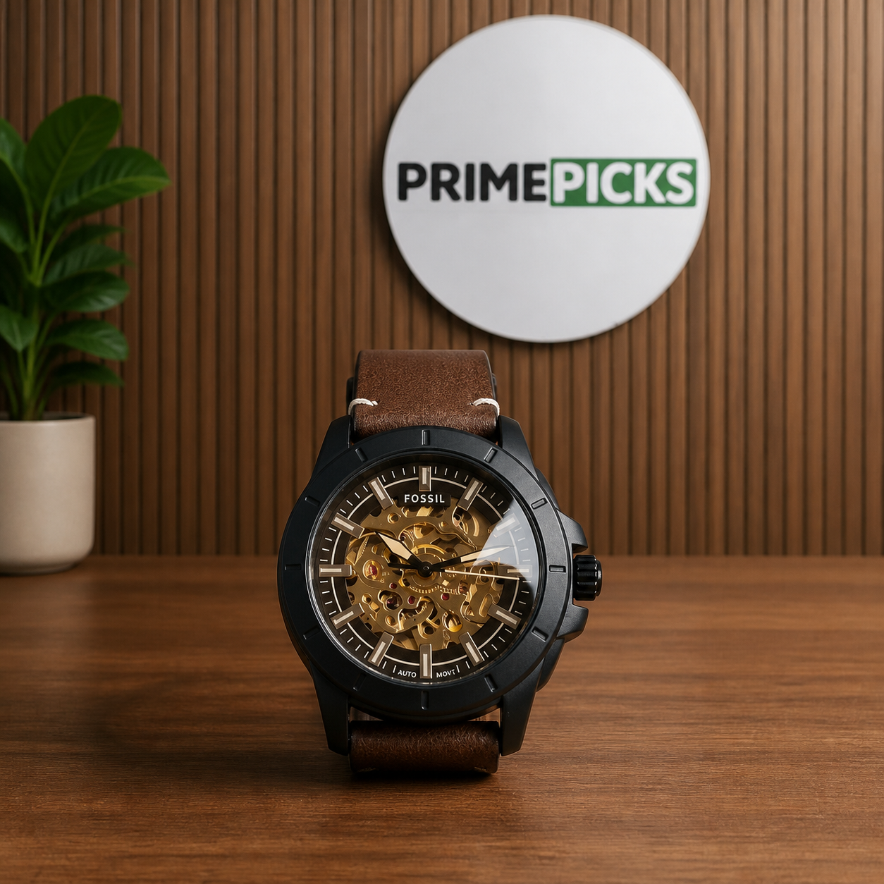Fossil Machine automatic skeleton-style watch displayed with the complete PrimePicks round logo board