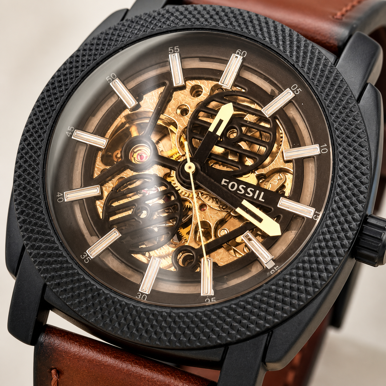 Fossil Machine automatic skeleton-style watch angled view