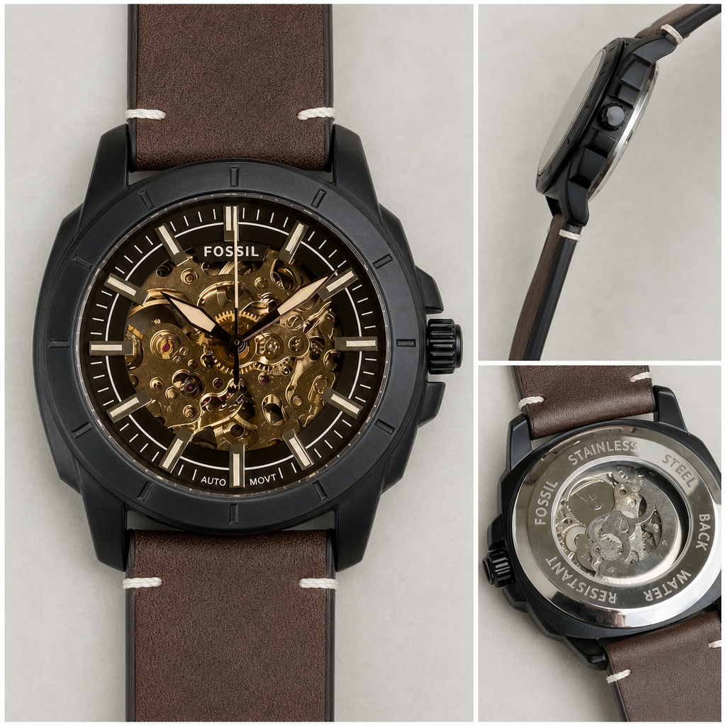 Fossil Machine automatic skeleton-style watch detail view