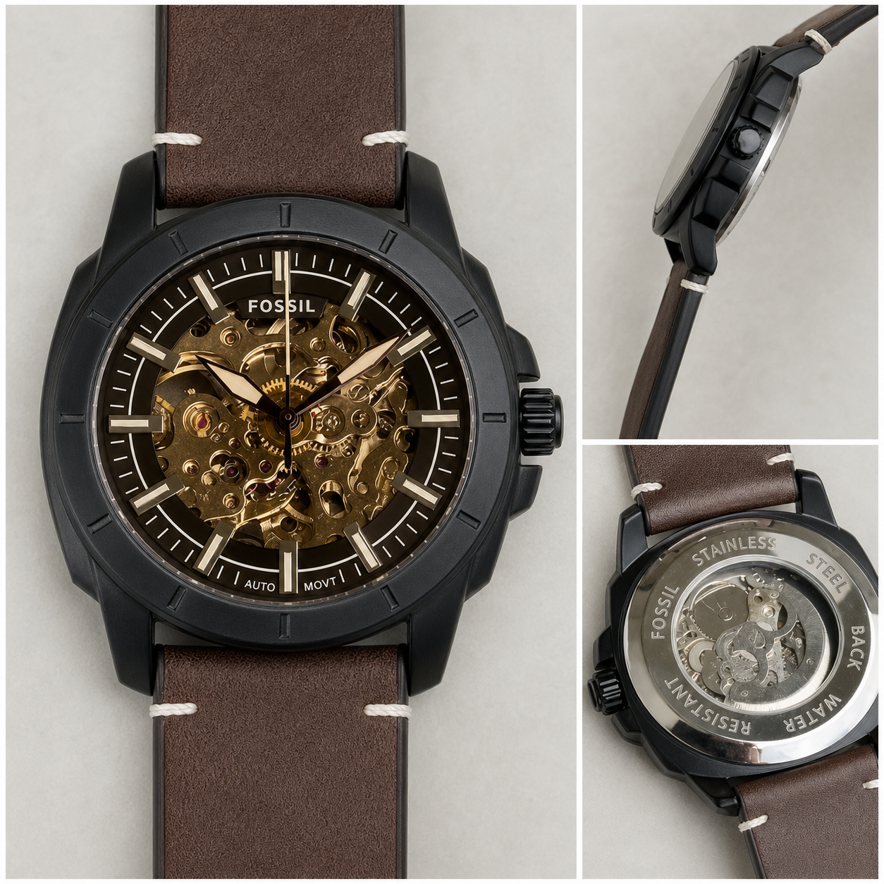 Fossil Machine automatic skeleton-style watch detail view