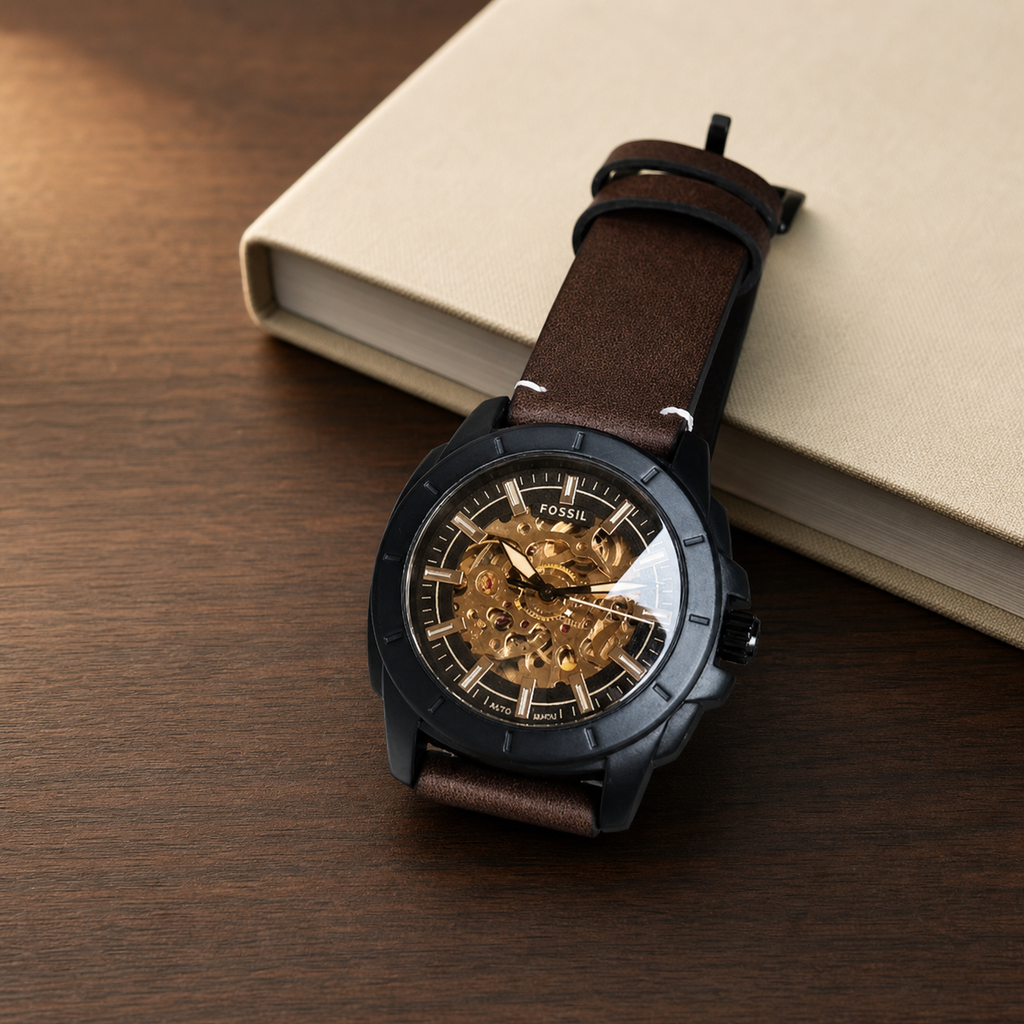 Fossil Machine automatic skeleton-style watch lifestyle view