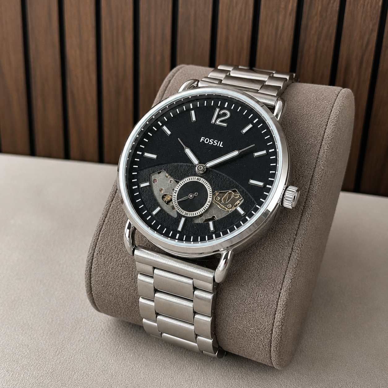 Fossil Commuter black open-heart dial and silver bracelet detail