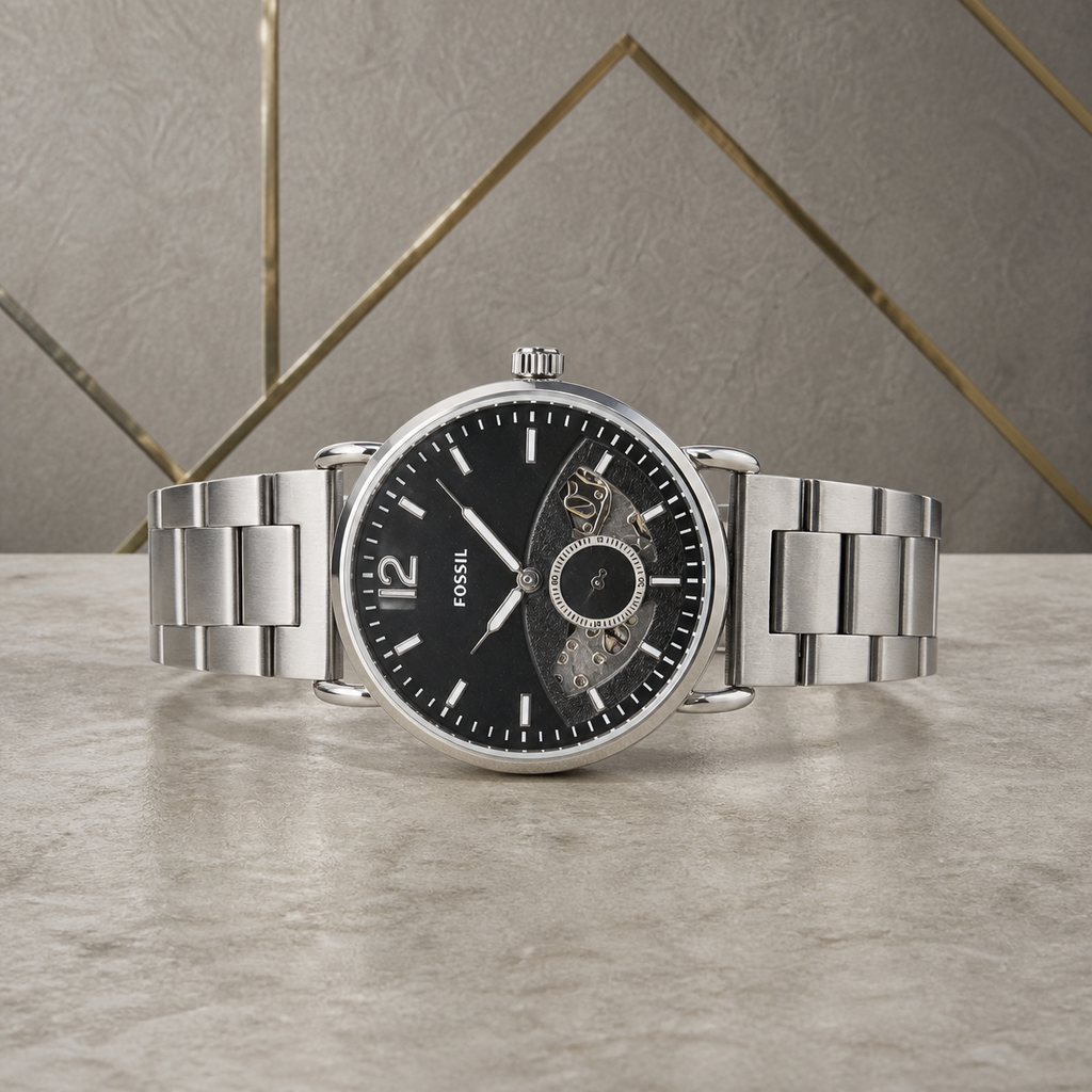 Fossil Commuter silver automatic open-heart watch flat lay