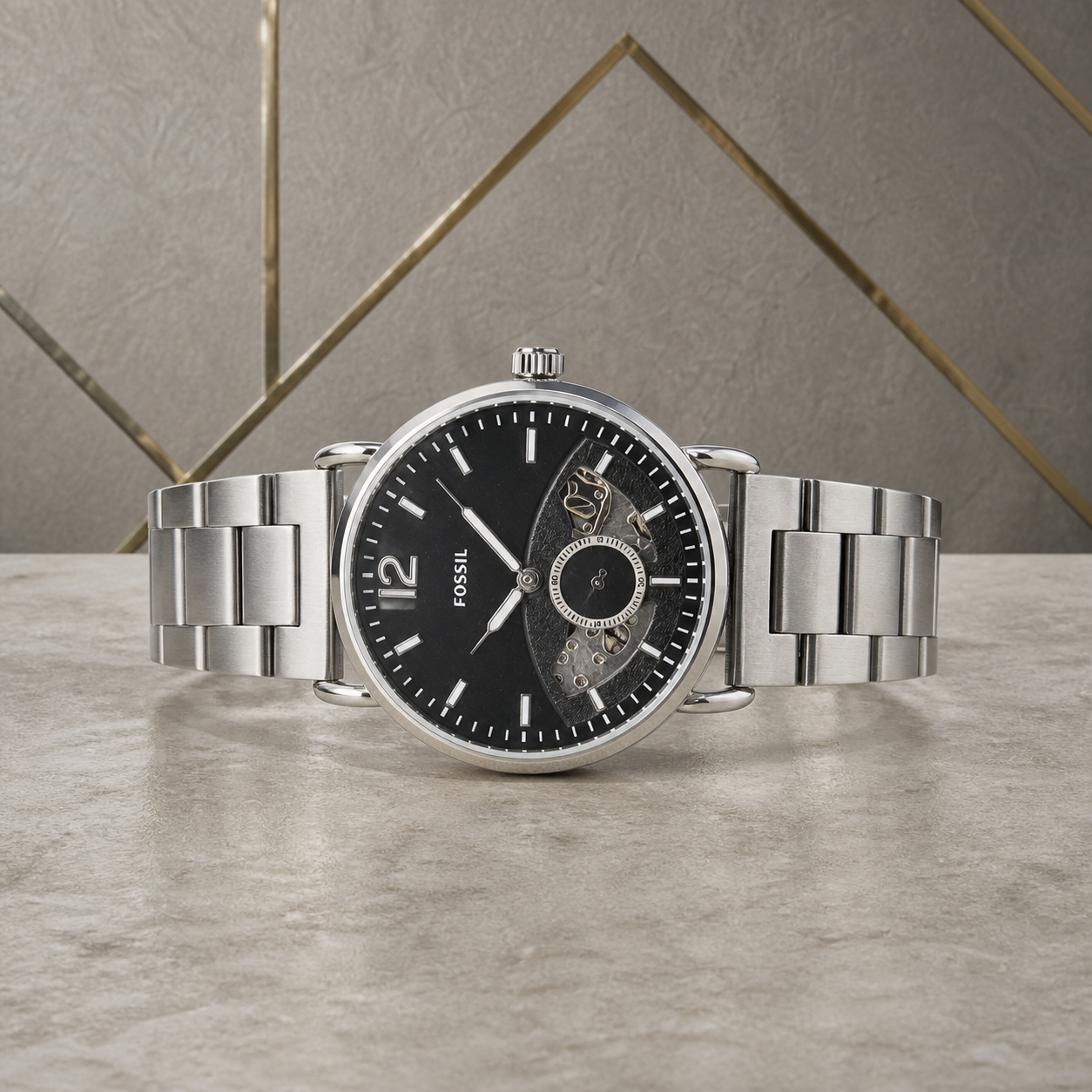 Fossil Commuter silver automatic open-heart watch flat lay