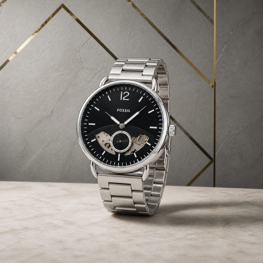 Fossil Commuter silver open-heart watch three-quarter view