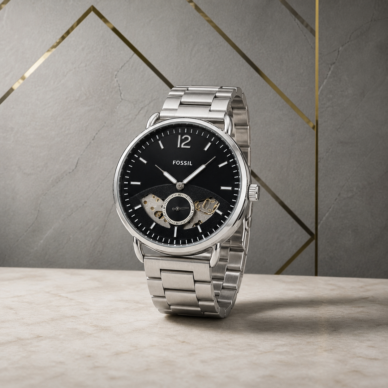 Fossil Commuter silver open-heart watch three-quarter view