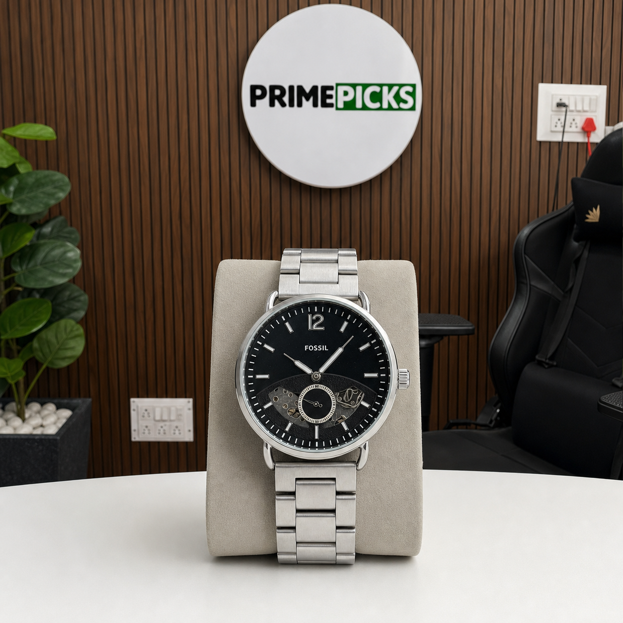 Fossil Commuter silver automatic open-heart watch at Primepicks office