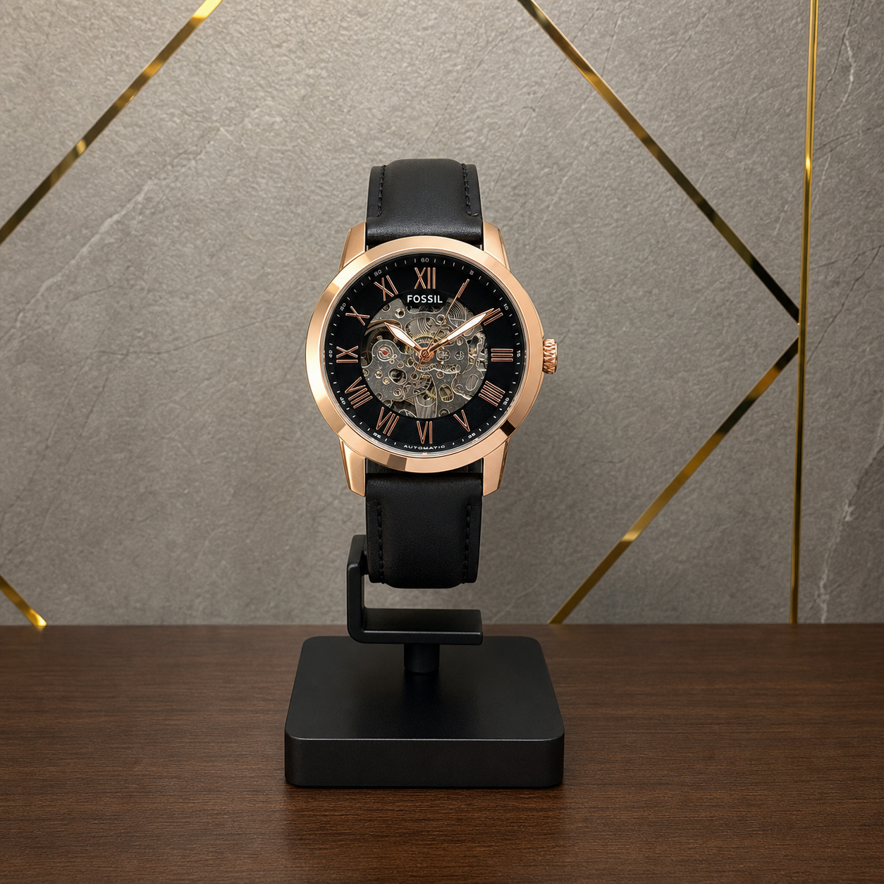 Fossil Grant ME3102 rose gold skeleton watch front view