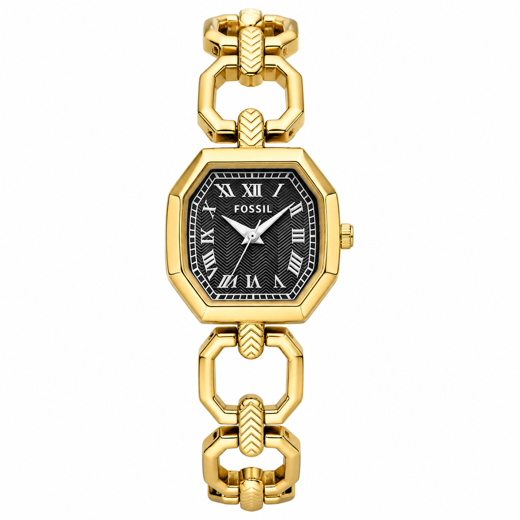 Fossil Harlow ES5485 gold-tone watch with black Roman numeral dial on white background