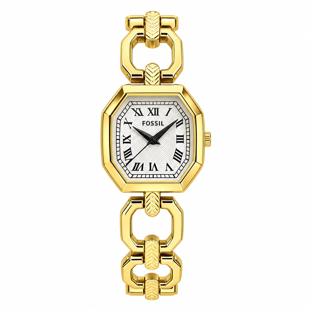 Fossil Harlow ES5485 gold-tone watch with white Roman numeral dial on white background