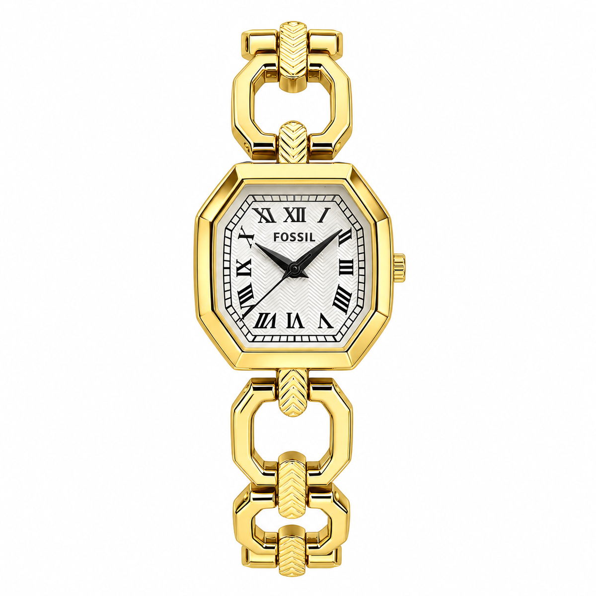 Fossil Harlow ES5485 gold-tone watch with white Roman numeral dial on white background