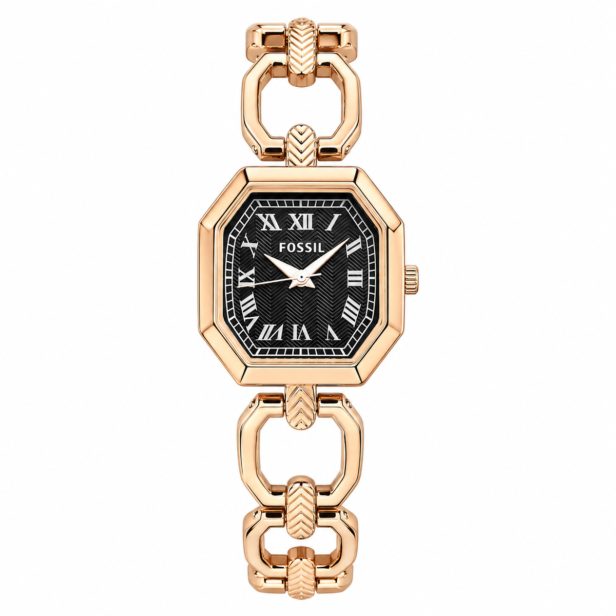 Fossil Harlow ES5485 rose-gold-tone watch with black Roman numeral dial on white background