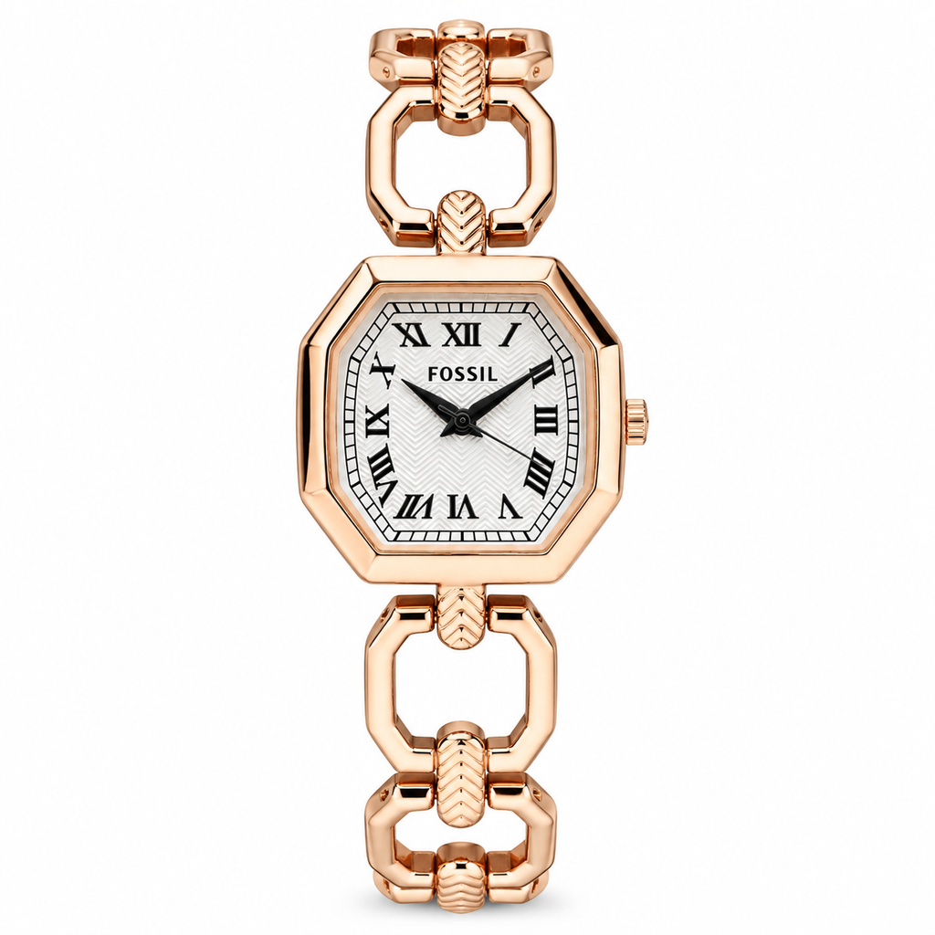Fossil Harlow ES5485 rose-gold-tone watch with white Roman numeral dial on white background