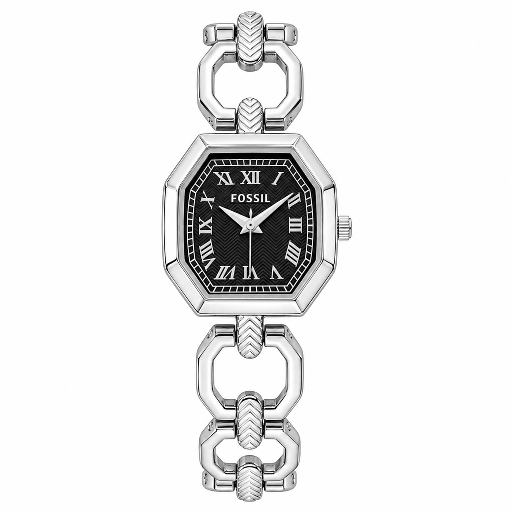 Fossil Harlow ES5485 silver-tone watch with black Roman numeral dial on white background