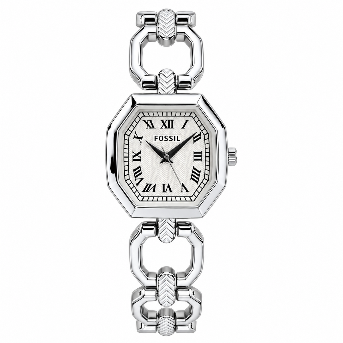 Fossil Harlow ES5485 silver-tone watch with white Roman numeral dial on white background