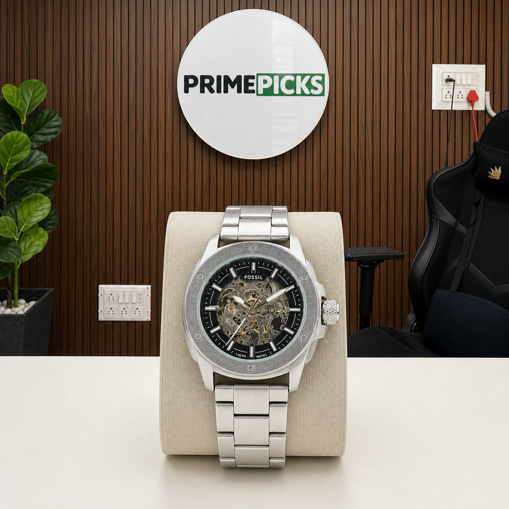 Fossil Modern Machine automatic skeleton men's watch at the Primepicks office logo wall