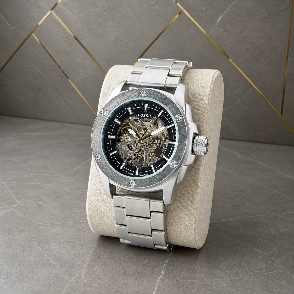 Fossil Modern Machine automatic skeleton men's watch against the Primepicks grey and gold office wall