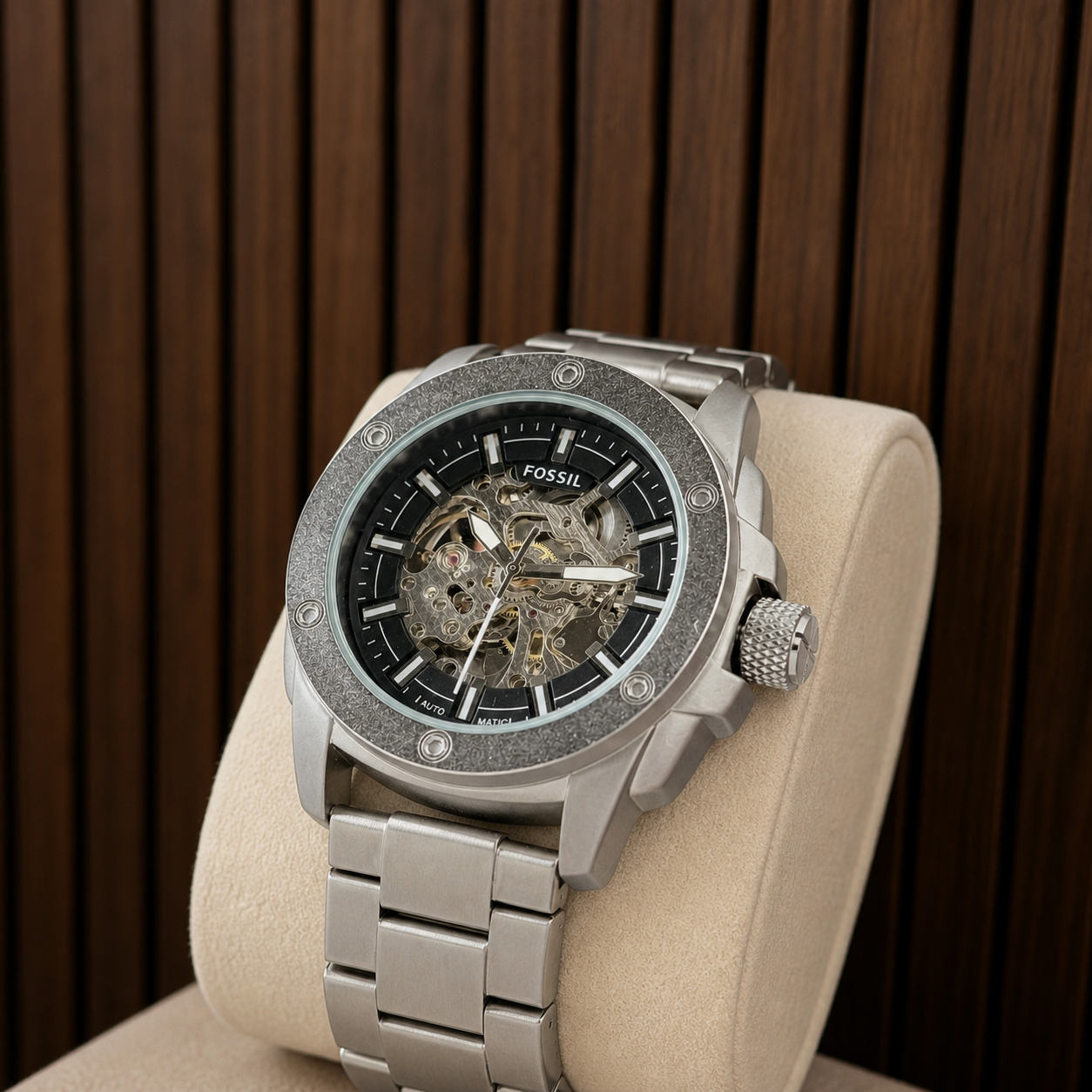 Close-up of Fossil Modern Machine automatic skeleton men's watch at the Primepicks wood wall