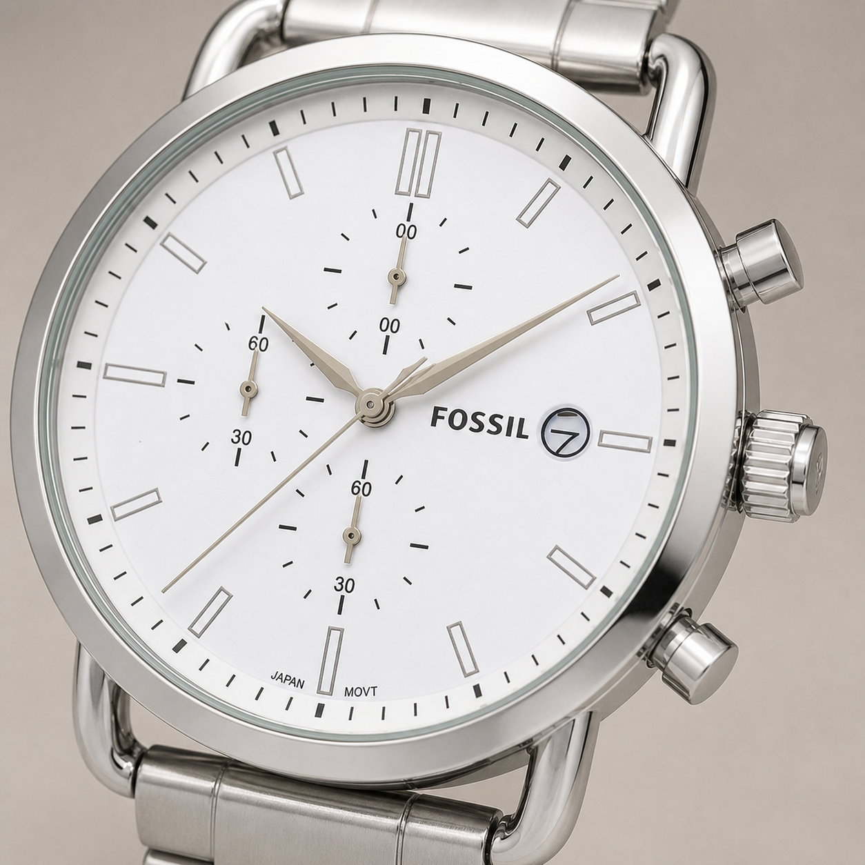 Fossil White Dial Commuter — dial and case detail