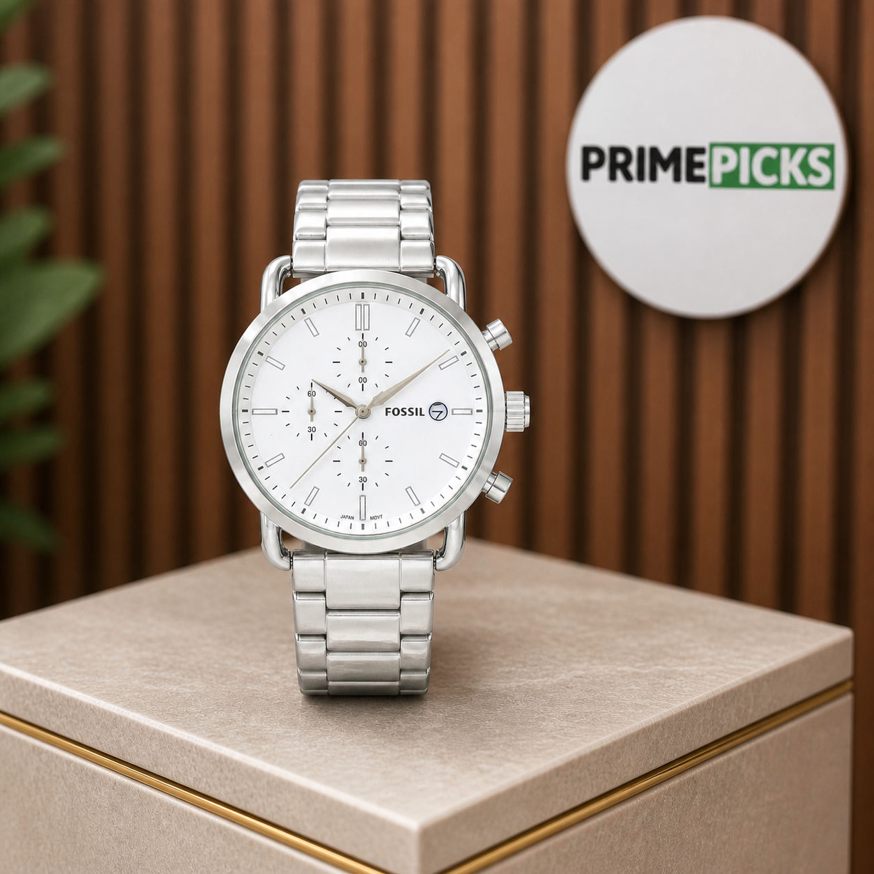 Fossil White Dial Commuter — front hero with PrimePicks logo board