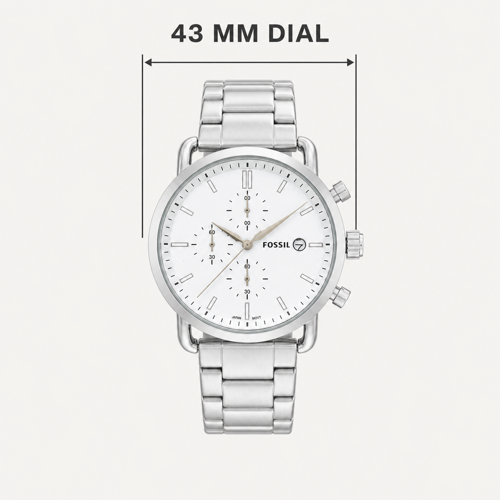 Fossil White Dial Commuter — 43 mm dial size guide