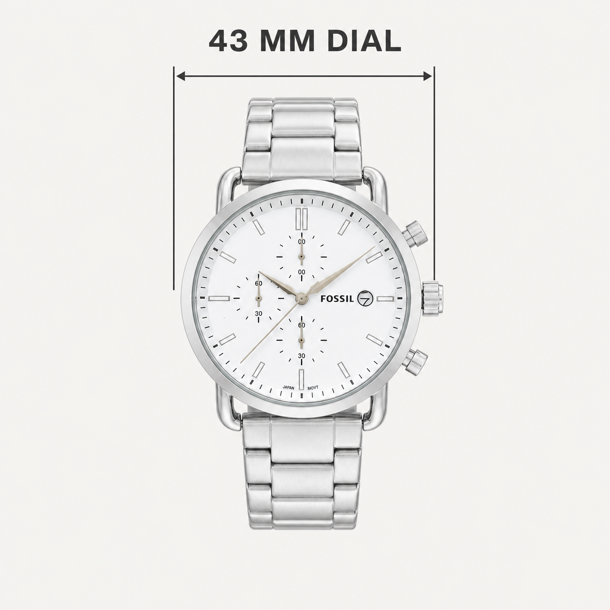 Fossil White Dial Commuter — 43 mm dial size guide